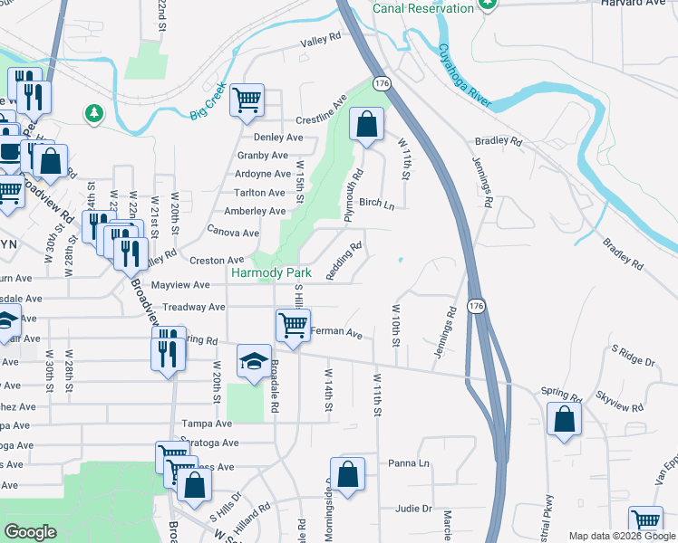 map of restaurants, bars, coffee shops, grocery stores, and more near 1401 Mayview Avenue in Cleveland