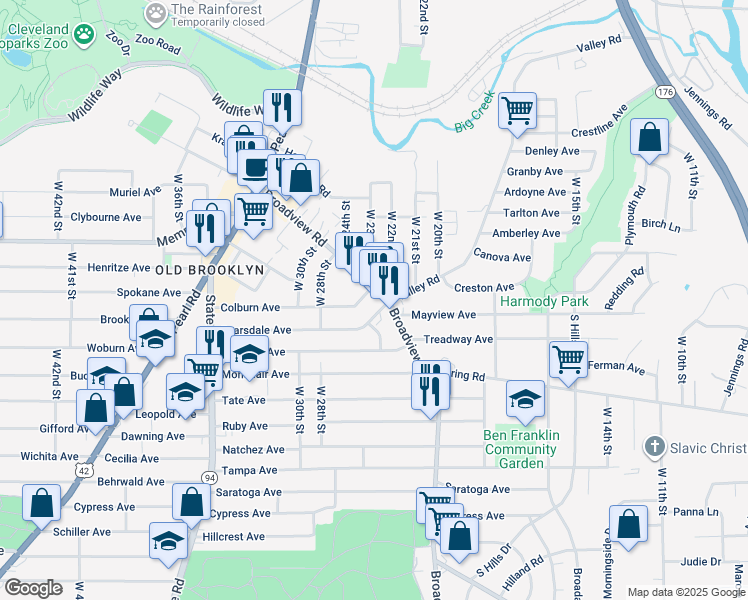 map of restaurants, bars, coffee shops, grocery stores, and more near 2411 Colburn Avenue in Cleveland