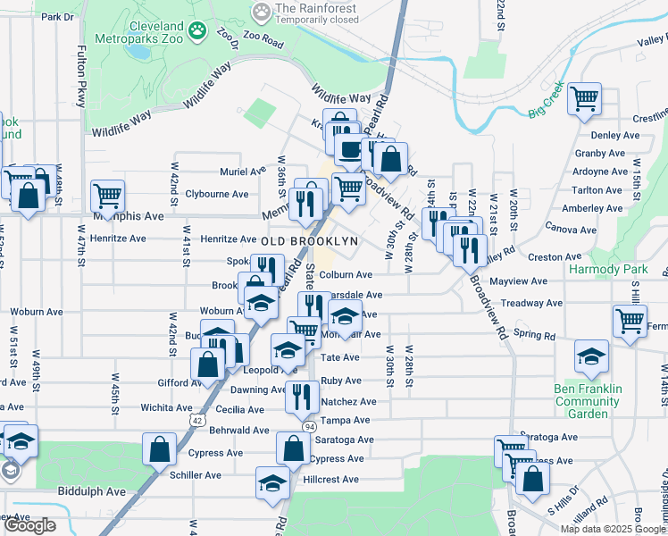 map of restaurants, bars, coffee shops, grocery stores, and more near 4299 State Road in Cleveland