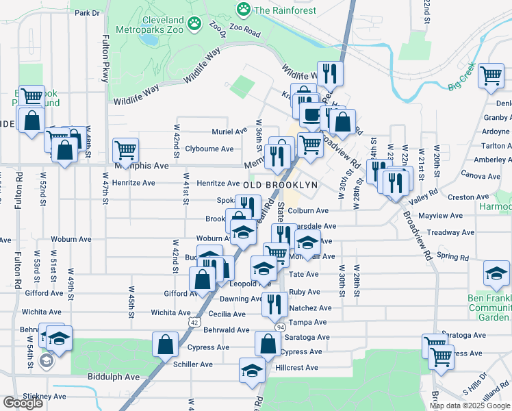 map of restaurants, bars, coffee shops, grocery stores, and more near 4343 Pearl Road in Cleveland