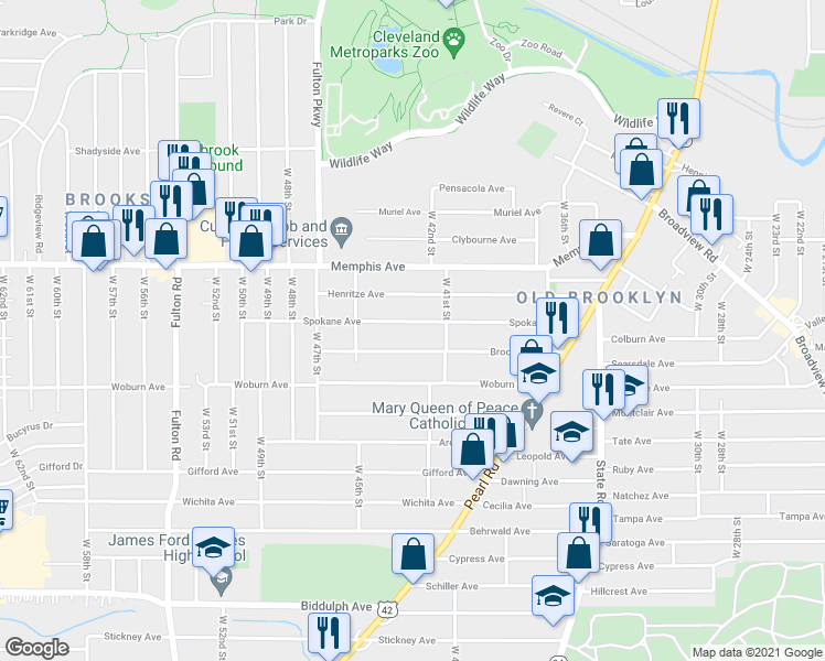 map of restaurants, bars, coffee shops, grocery stores, and more near 4206 Brooklyn Avenue in Cleveland