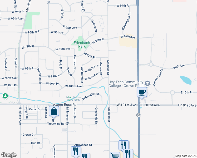 map of restaurants, bars, coffee shops, grocery stores, and more near 1244-1250 West 100th Avenue in Crown Point