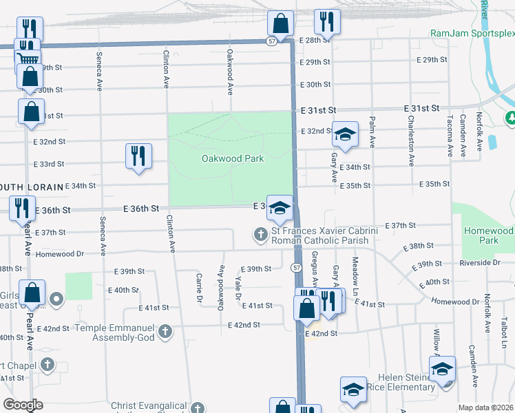 map of restaurants, bars, coffee shops, grocery stores, and more near 2140 East 36th Street in Lorain