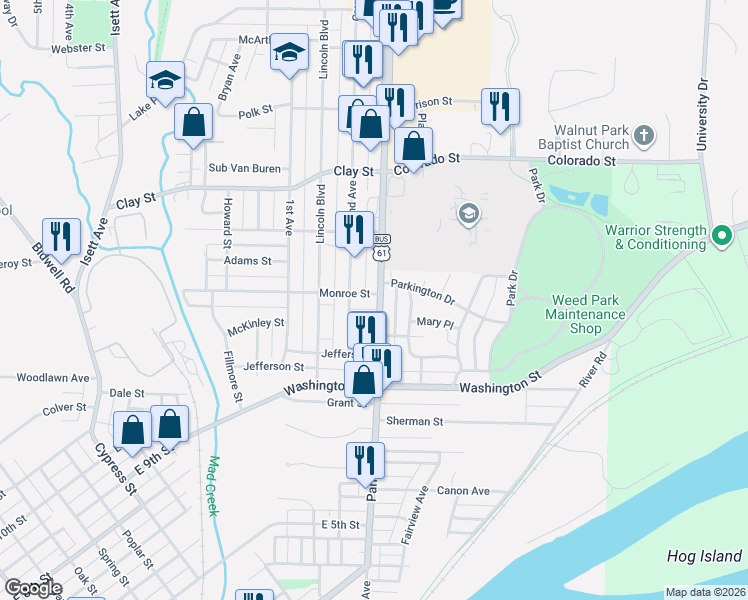 map of restaurants, bars, coffee shops, grocery stores, and more near 1126 Park Avenue in Muscatine