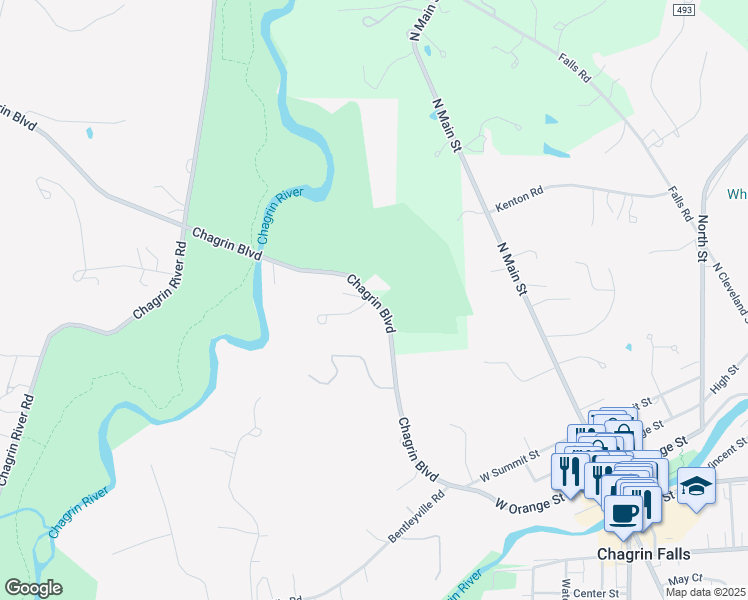 map of restaurants, bars, coffee shops, grocery stores, and more near 421 Chagrin Boulevard in Chagrin Falls