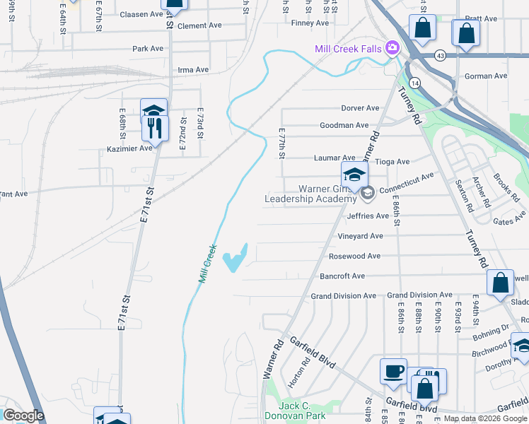 map of restaurants, bars, coffee shops, grocery stores, and more near 7617 Jeffries Avenue in Cleveland