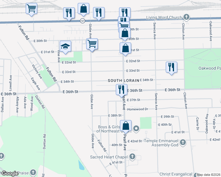 map of restaurants, bars, coffee shops, grocery stores, and more near 1755 East 36th Street in Lorain