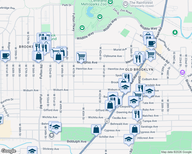 map of restaurants, bars, coffee shops, grocery stores, and more near 4206 Brooklyn Avenue in Cleveland