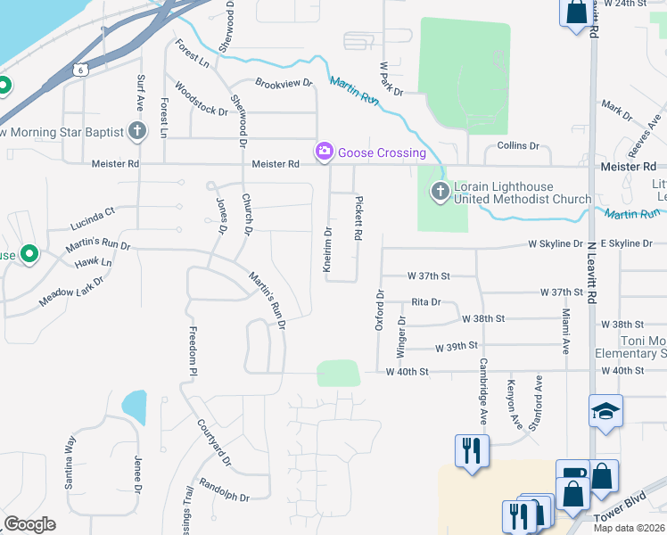 map of restaurants, bars, coffee shops, grocery stores, and more near 3575 Kneirim Drive in Lorain