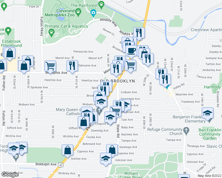 map of restaurants, bars, coffee shops, grocery stores, and more near 4320 Pearl Road in Cleveland
