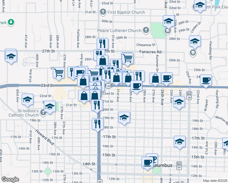 map of restaurants, bars, coffee shops, grocery stores, and more near 2153-2199 32nd Avenue in Columbus