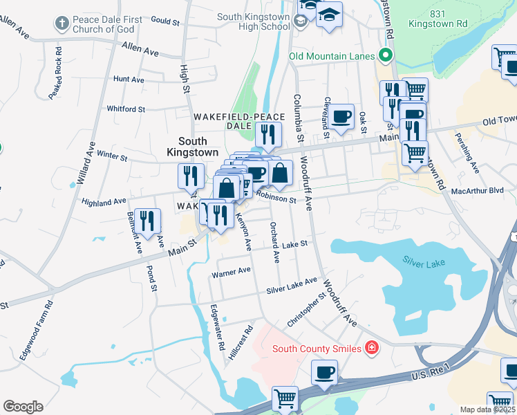 map of restaurants, bars, coffee shops, grocery stores, and more near 110 Orchard Avenue in South Kingstown