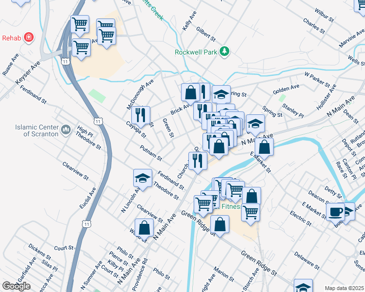 map of restaurants, bars, coffee shops, grocery stores, and more near 1729 North Sumner Avenue in Scranton