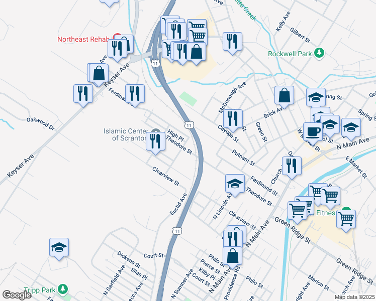 map of restaurants, bars, coffee shops, grocery stores, and more near 525 Theodore St in Scranton