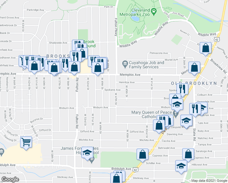 map of restaurants, bars, coffee shops, grocery stores, and more near 4369 West 48th Street in Cleveland