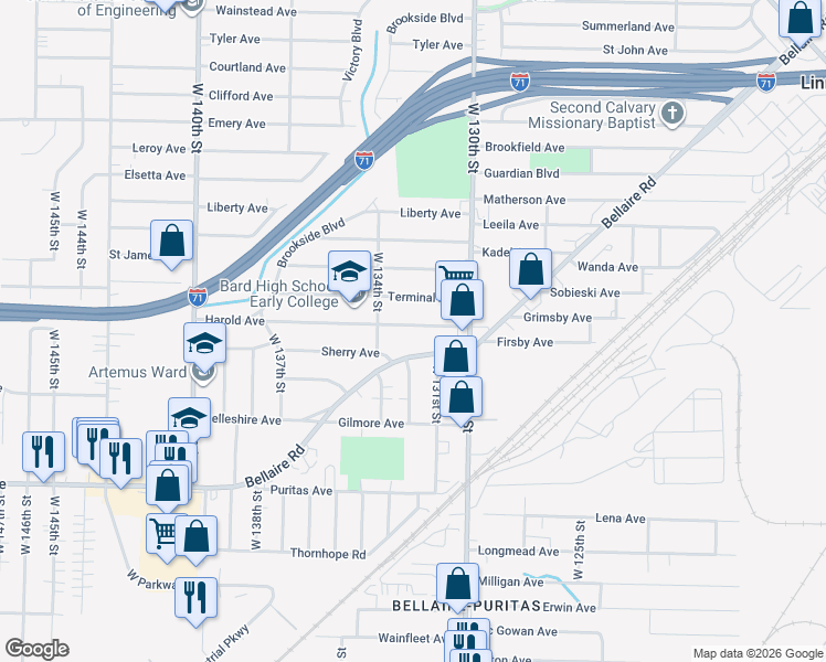 map of restaurants, bars, coffee shops, grocery stores, and more near 13110 Bellaire Road in Cleveland
