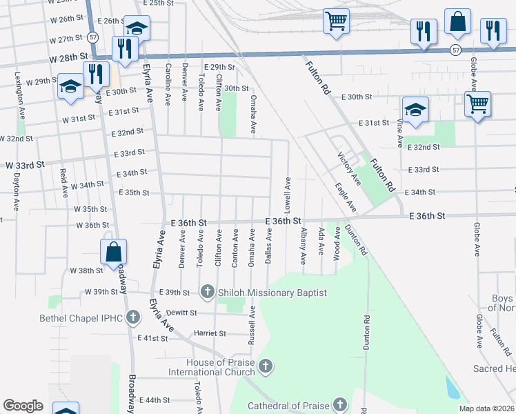 map of restaurants, bars, coffee shops, grocery stores, and more near 1005 East 36th Street in Lorain