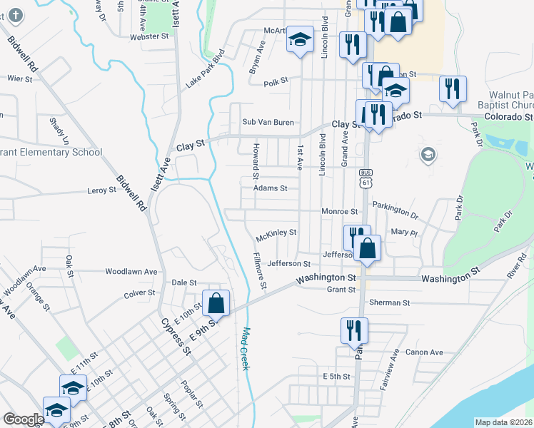 map of restaurants, bars, coffee shops, grocery stores, and more near 501 McKinley Street in Muscatine