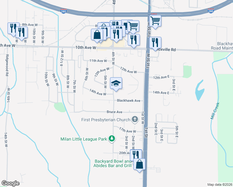 map of restaurants, bars, coffee shops, grocery stores, and more near 1307 4th Street West in Milan