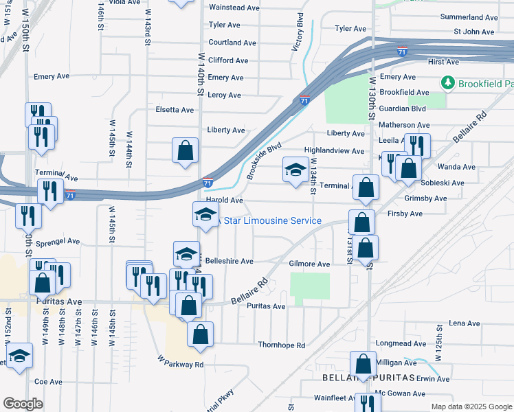 map of restaurants, bars, coffee shops, grocery stores, and more near 4294 West 137th Street in Cleveland