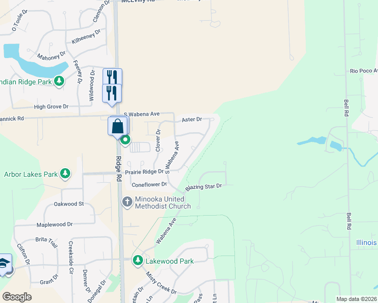 map of restaurants, bars, coffee shops, grocery stores, and more near 265 Prairie Ridge Court in Minooka