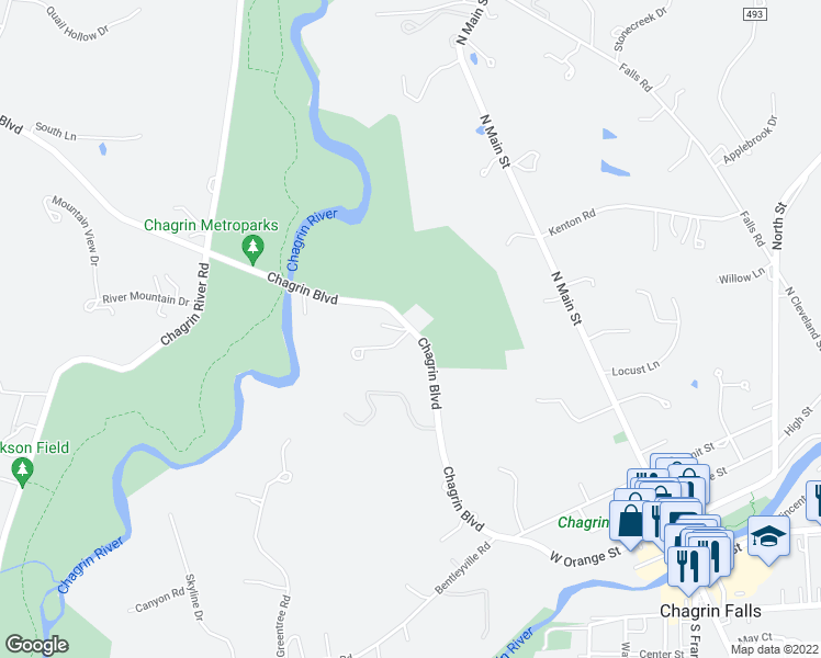 map of restaurants, bars, coffee shops, grocery stores, and more near 434 Chagrin Boulevard in Chagrin Falls