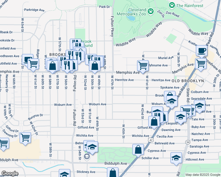 map of restaurants, bars, coffee shops, grocery stores, and more near 4709 Spokane Avenue in Cleveland