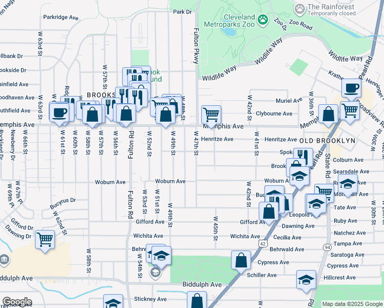 map of restaurants, bars, coffee shops, grocery stores, and more near 4709 Spokane Avenue in Cleveland