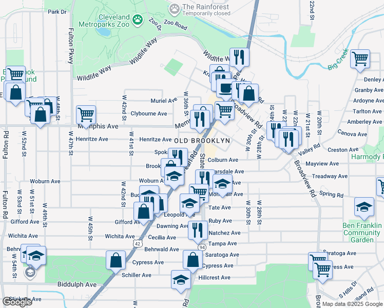 map of restaurants, bars, coffee shops, grocery stores, and more near 4316 Pearl Road in Cleveland