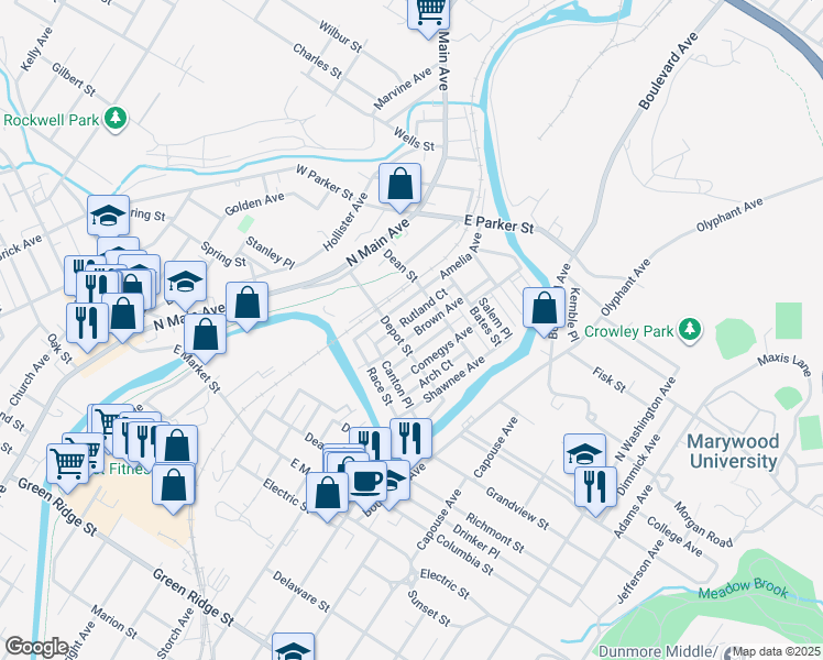 map of restaurants, bars, coffee shops, grocery stores, and more near 2130 Brown Avenue in Scranton
