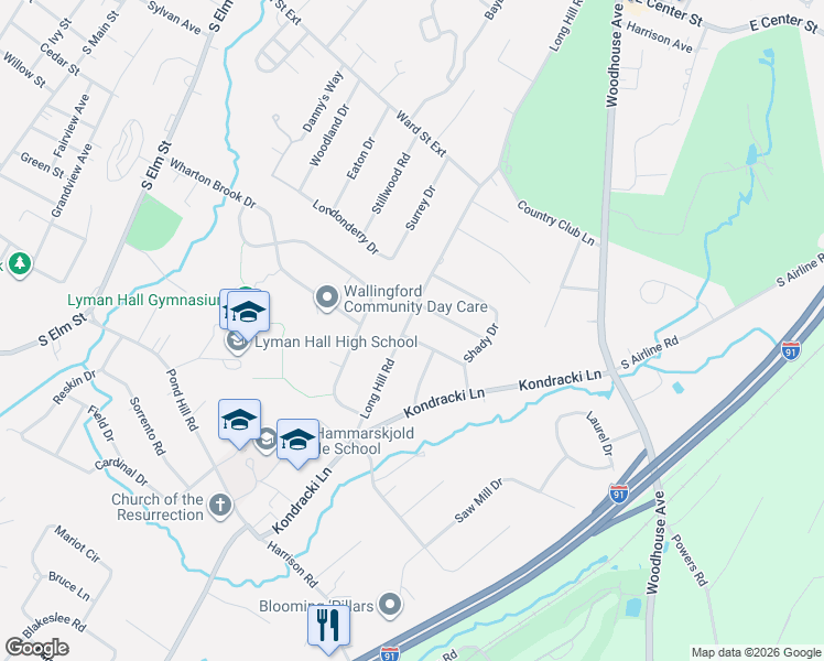 map of restaurants, bars, coffee shops, grocery stores, and more near 371 Long Hill Road in Wallingford