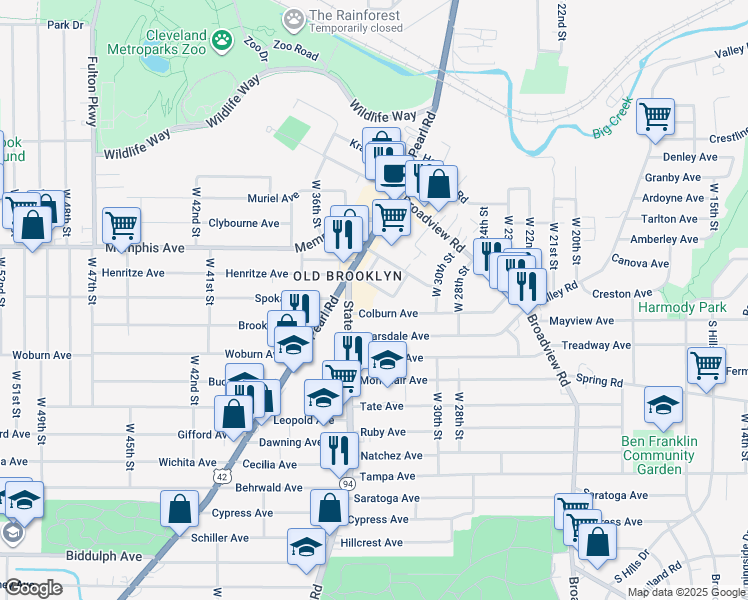 map of restaurants, bars, coffee shops, grocery stores, and more near 3307 Altoona Road in Cleveland