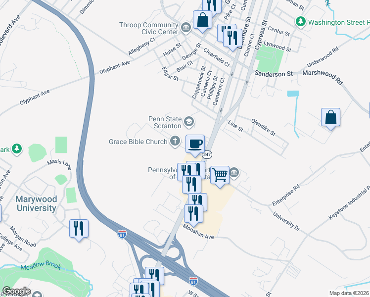 map of restaurants, bars, coffee shops, grocery stores, and more near 2-42 University Dr in Dunmore