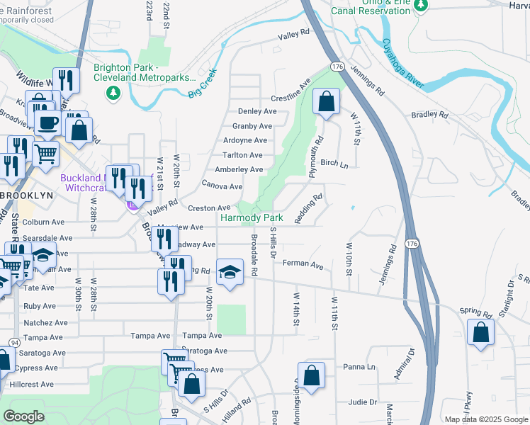 map of restaurants, bars, coffee shops, grocery stores, and more near 1601 Mayview Avenue in Cleveland