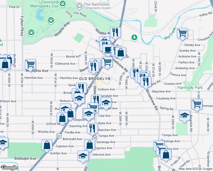 map of restaurants, bars, coffee shops, grocery stores, and more near 3207 Colburn Avenue in Cleveland