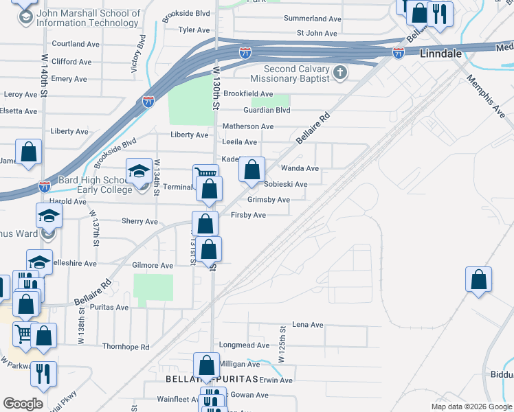 map of restaurants, bars, coffee shops, grocery stores, and more near 12701 Firsby Avenue in Cleveland