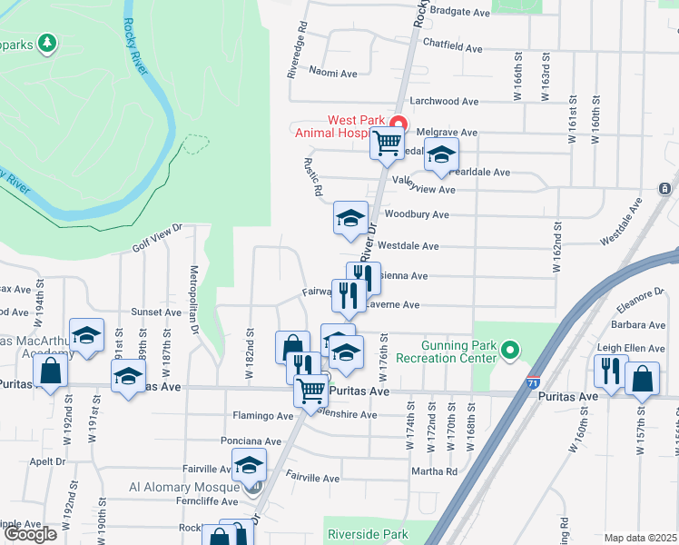 map of restaurants, bars, coffee shops, grocery stores, and more near 17815 Fairway Drive in Cleveland