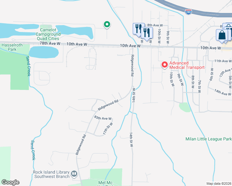 map of restaurants, bars, coffee shops, grocery stores, and more near 8308 Ridgewood Road in Rock Island