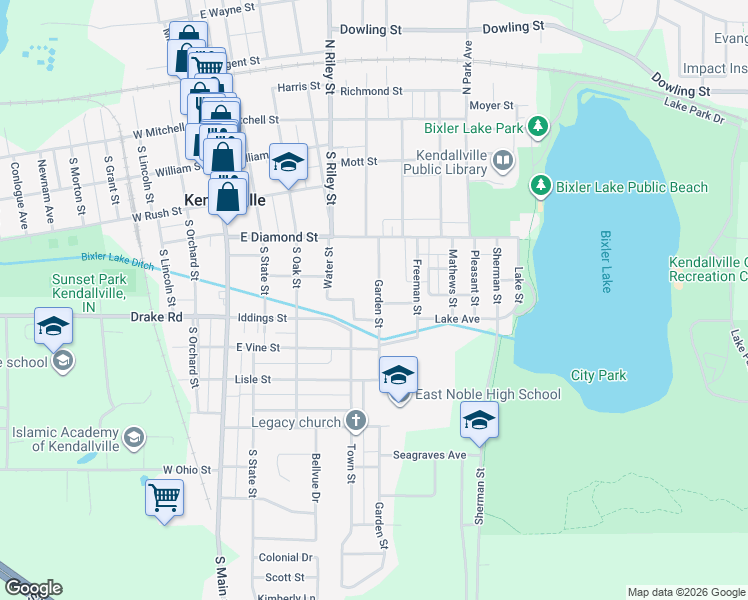 map of restaurants, bars, coffee shops, grocery stores, and more near 466 Prospect Ave in Kendallville