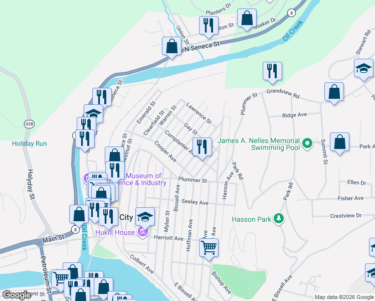 map of restaurants, bars, coffee shops, grocery stores, and more near 406 Bissell Ave in Oil City
