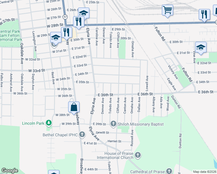 map of restaurants, bars, coffee shops, grocery stores, and more near 3565 Toledo Avenue in Lorain