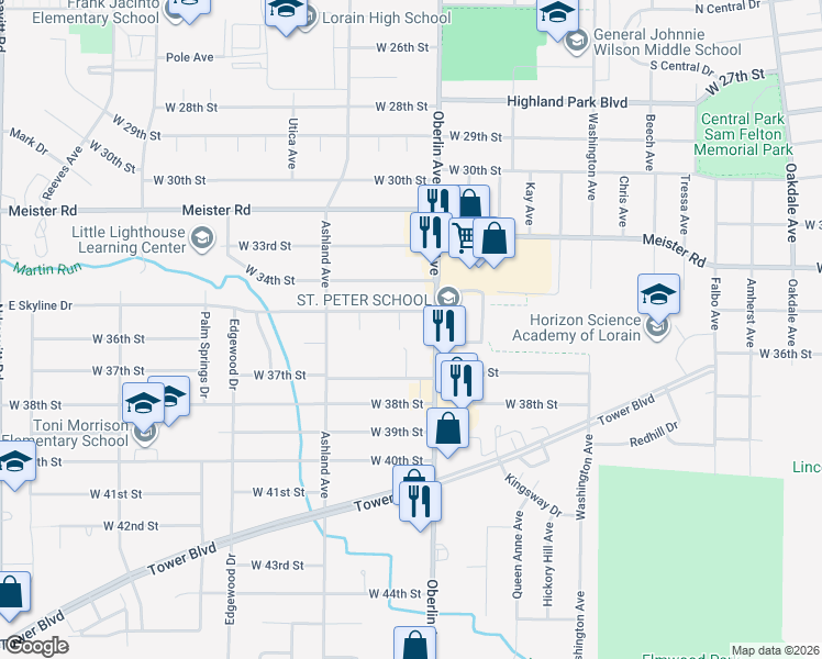 map of restaurants, bars, coffee shops, grocery stores, and more near 1220 West 37th Street in Lorain