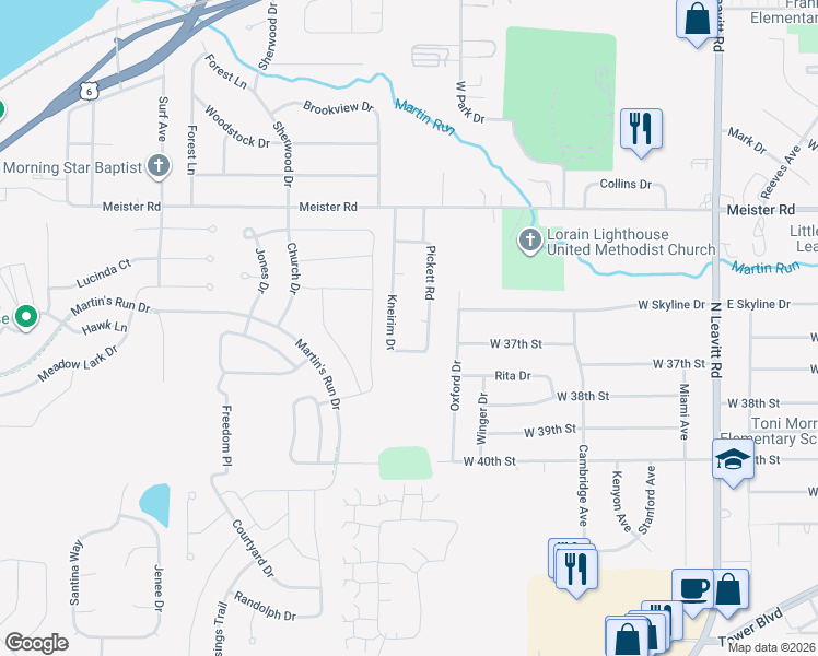 map of restaurants, bars, coffee shops, grocery stores, and more near 3575 Kneirim Drive in Lorain
