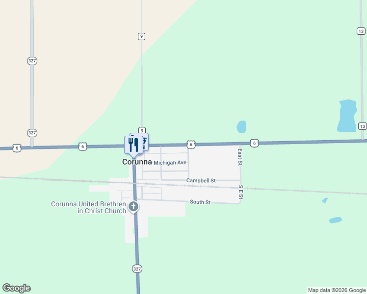 map of restaurants, bars, coffee shops, grocery stores, and more near 205 Maple Street in Corunna