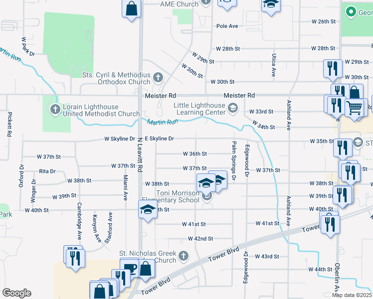 map of restaurants, bars, coffee shops, grocery stores, and more near 1923 West 36th Street in Lorain