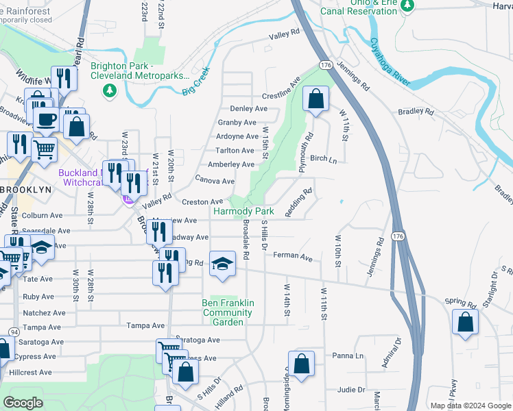 map of restaurants, bars, coffee shops, grocery stores, and more near 3478 Plymouth Road in Cleveland