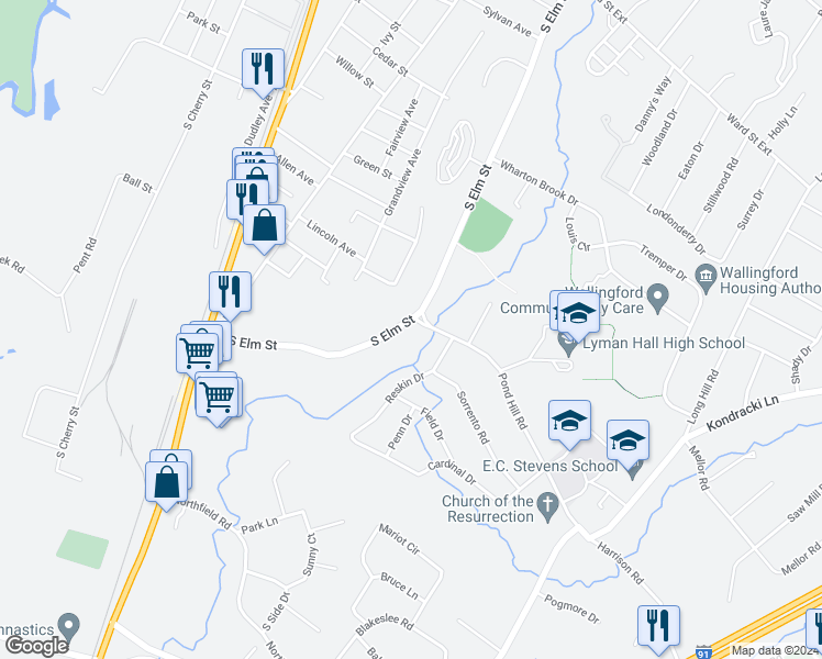 map of restaurants, bars, coffee shops, grocery stores, and more near 459 South Elm Street in Wallingford