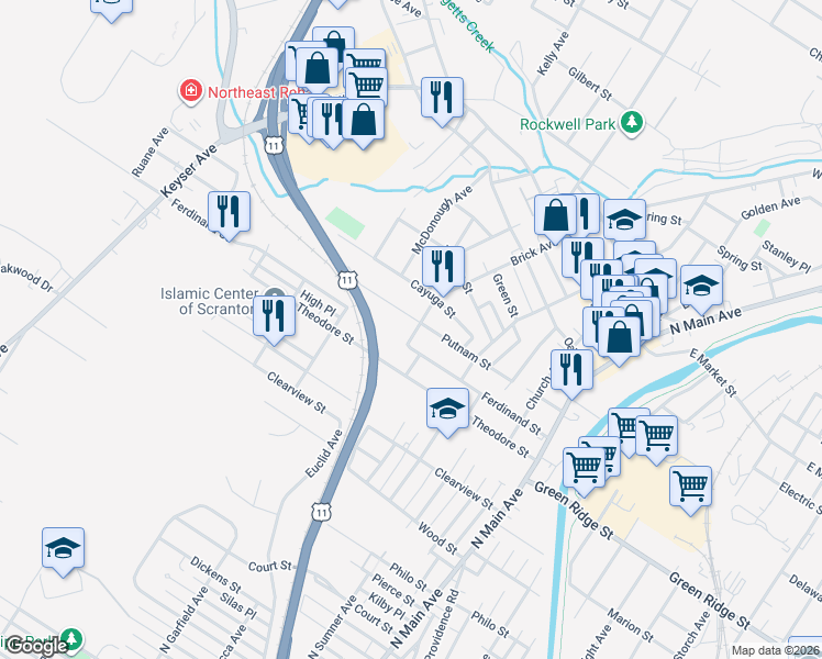 map of restaurants, bars, coffee shops, grocery stores, and more near 408 Putnam Street in Scranton
