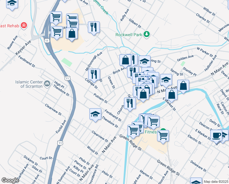 map of restaurants, bars, coffee shops, grocery stores, and more near 1759 Wayne Avenue in Scranton