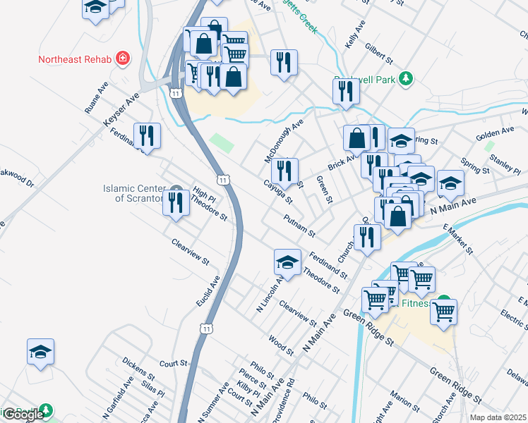 map of restaurants, bars, coffee shops, grocery stores, and more near 408 Putnam Street in Scranton